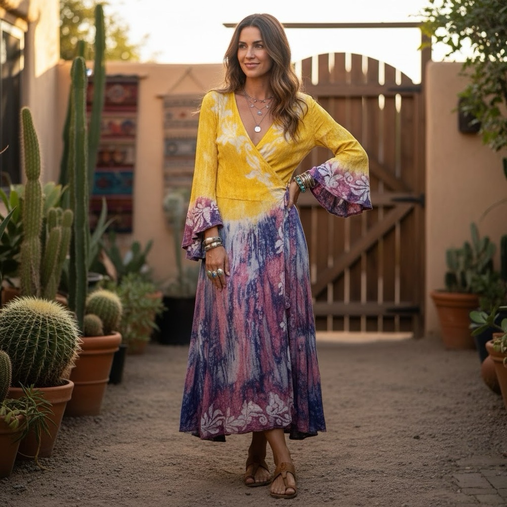 FASHION TERMINAL | Bohemian Flow Wrap Maxi Dress Cotton/Viscose Blend  Free Size